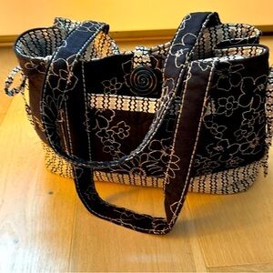 Handcrafted Black and White Floral Tote Bag with Lots of Compartments